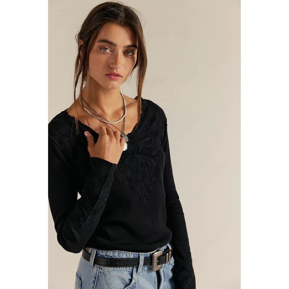 Free People Butterfly Cuff Blouse Top Embroidered Waffle Knit Thermal L 285229